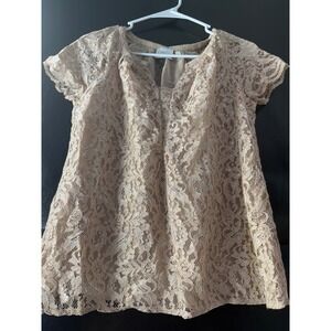 HD in Paris Anthropologie Lace Metallic Silver Champagne Beige Blouse US 0 UK 4